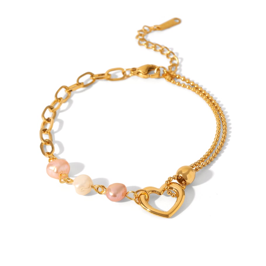1 Pair Simple Series Sweet Heart Stainless Steel   Gold Color  Natural Stone Women's Chain Bracelets 