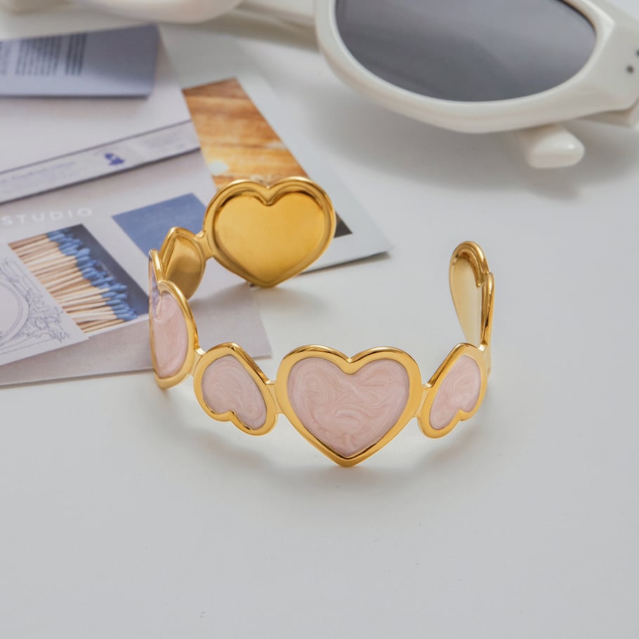 1 Piece Romantic Series Pink Heart Stainless Steel Gold Color Women's Bangles Picture7