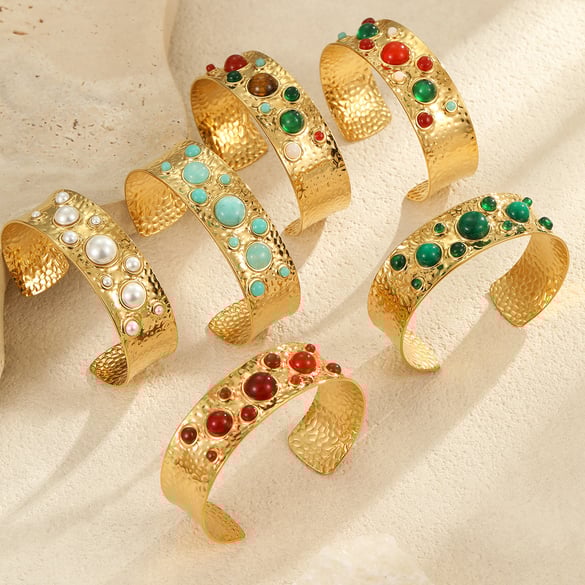 1 Piece Natural Stone Stainless Steel Gold Color Cuff Bracelet