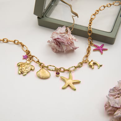 Collier avec pendentif en acier inoxydable doré pour femme, motif organisme marin, 1 pièce h5 Image8