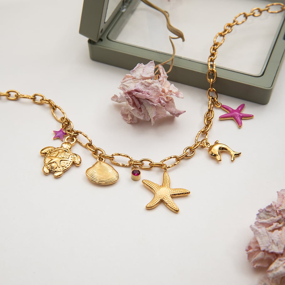 Collier avec pendentif en acier inoxydable doré pour femme, motif organisme marin, 1 pièce Image8