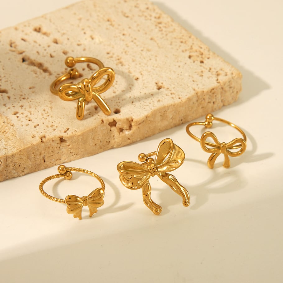 1 pezzo di anello regolabile in acciaio inossidabile color oro con nodo a fiocco dolce Immagine2