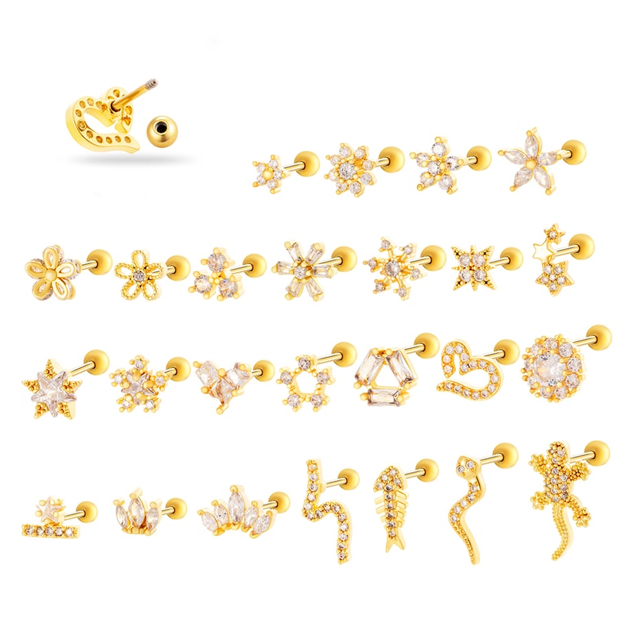 1 Adet Bakır Altın Rengi Zirkonyum Piercing Küpe Resim5