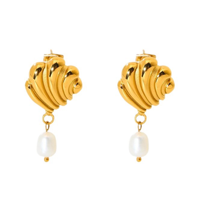 Orecchini pendenti da donna in acciaio inossidabile color oro con perle artificiali a forma di tartaruga retrò Immagine5