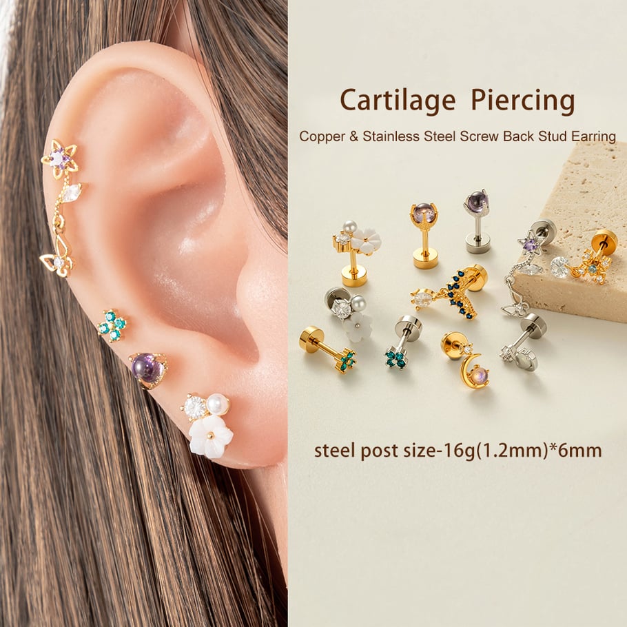 1 Adet Bakır Altın Rengi Zirkonyum Piercing Küpe Resim5
