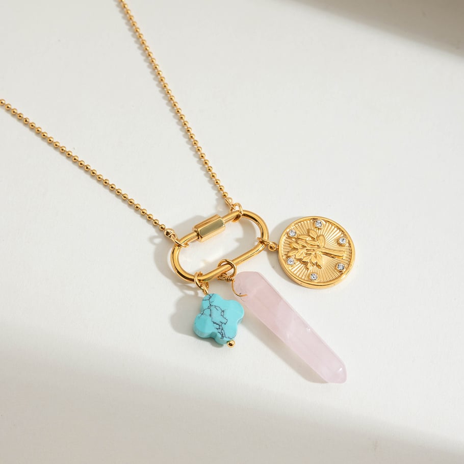 1 pezzo di collana con ciondolo da donna in acciaio inossidabile color oro con pietra naturale irregolare Immagine9