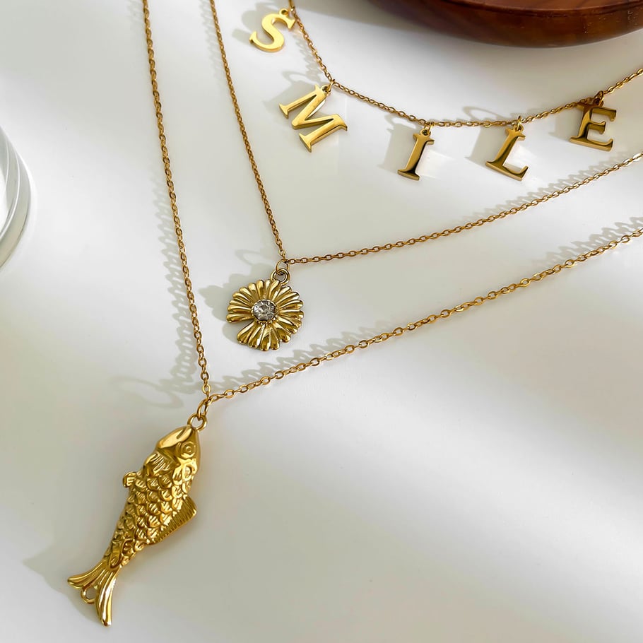 Collana con ciondolo a forma di pesce in acciaio inossidabile color oro, 1 pezzo Immagine4