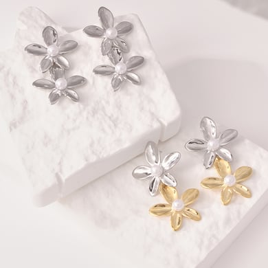 1 paire de boucles d&#39;oreilles pendantes pour femme, série luxueuse, motif fleur douce, en acier inoxydable, couleur or h5 Image3
