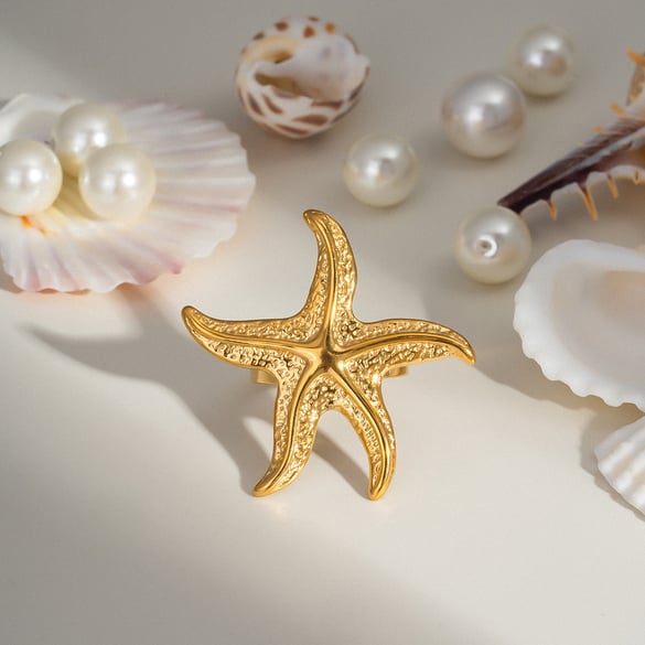 Anillo llamativo de acero inoxidable color dorado con forma de estrella de mar de 1 pieza
