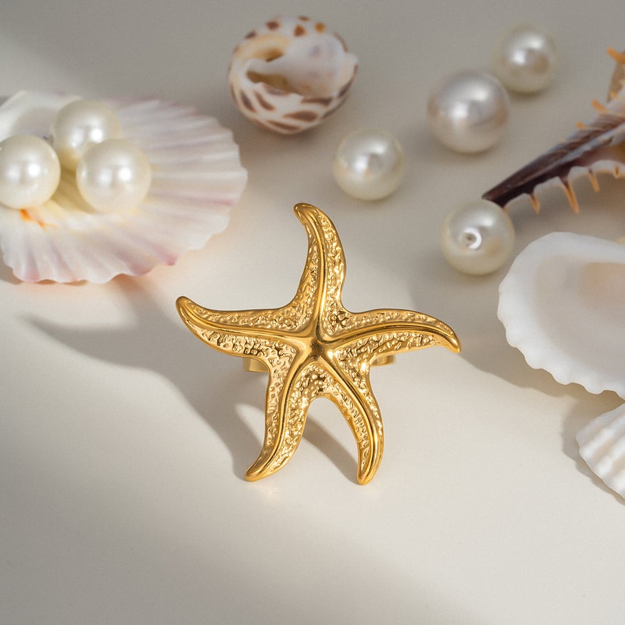 1 anello in acciaio inossidabile color oro a forma di stella marina Immagine2