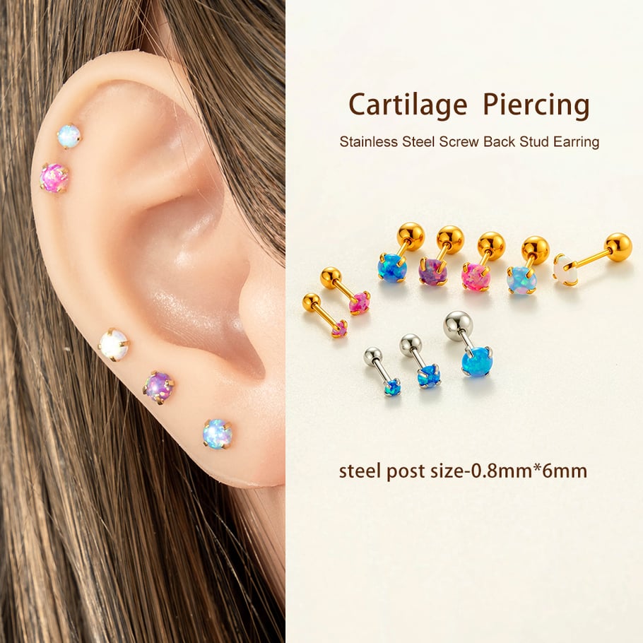 Boucles d&#39;oreilles piercing pour femme en acier inoxydable couleur or avec opale polychrome Image5