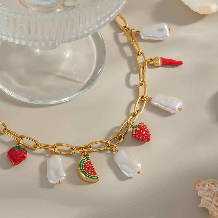 Collier avec pendentif en forme de fruit sucré en acier inoxydable couleur or, 1 pièce Image4
