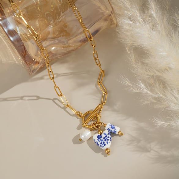 1 Piece Ceramic Flower Stainless Steel Gold Color Pendant Necklace