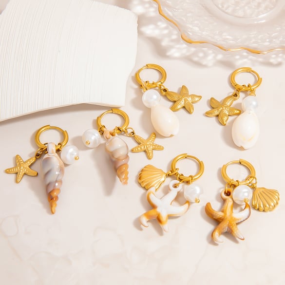 1 Pair Oceanic Stainless Steel Gold Color Shell Drop Earrings