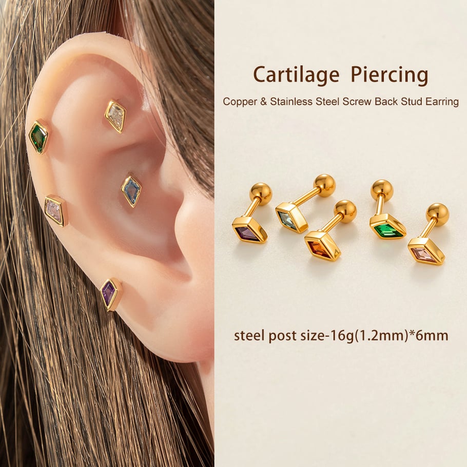 1 Piece Daily Rhombus Copper Gold Color Zircon Women's Piercings Earrings Picture5