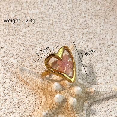 Bague en acier inoxydable couleur or avec cœur et fleur, 1 pièce h5 Image2