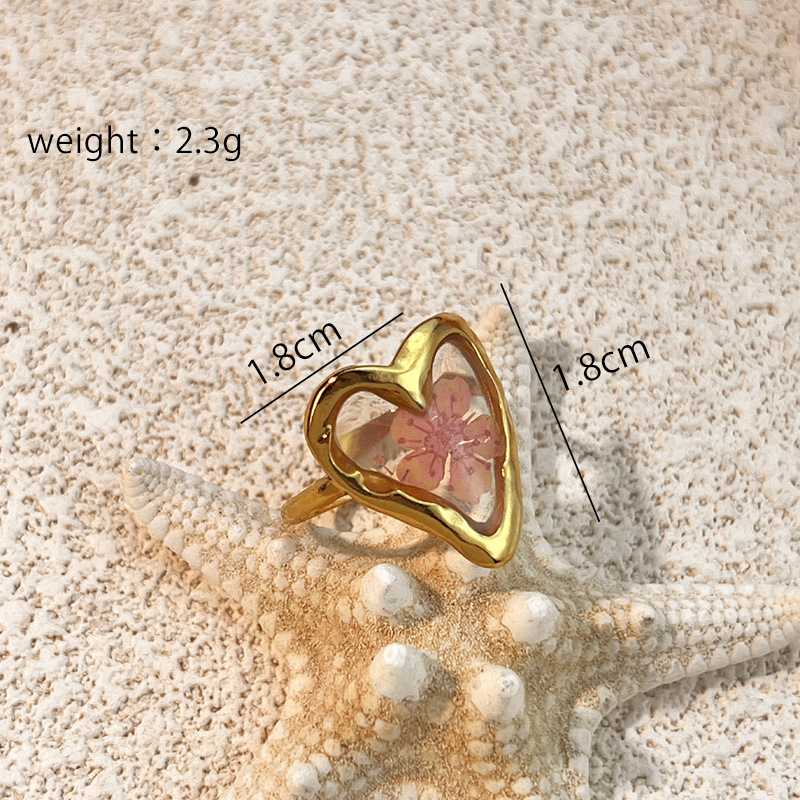 Bague en acier inoxydable couleur or avec cœur et fleur, 1 pièce Image2