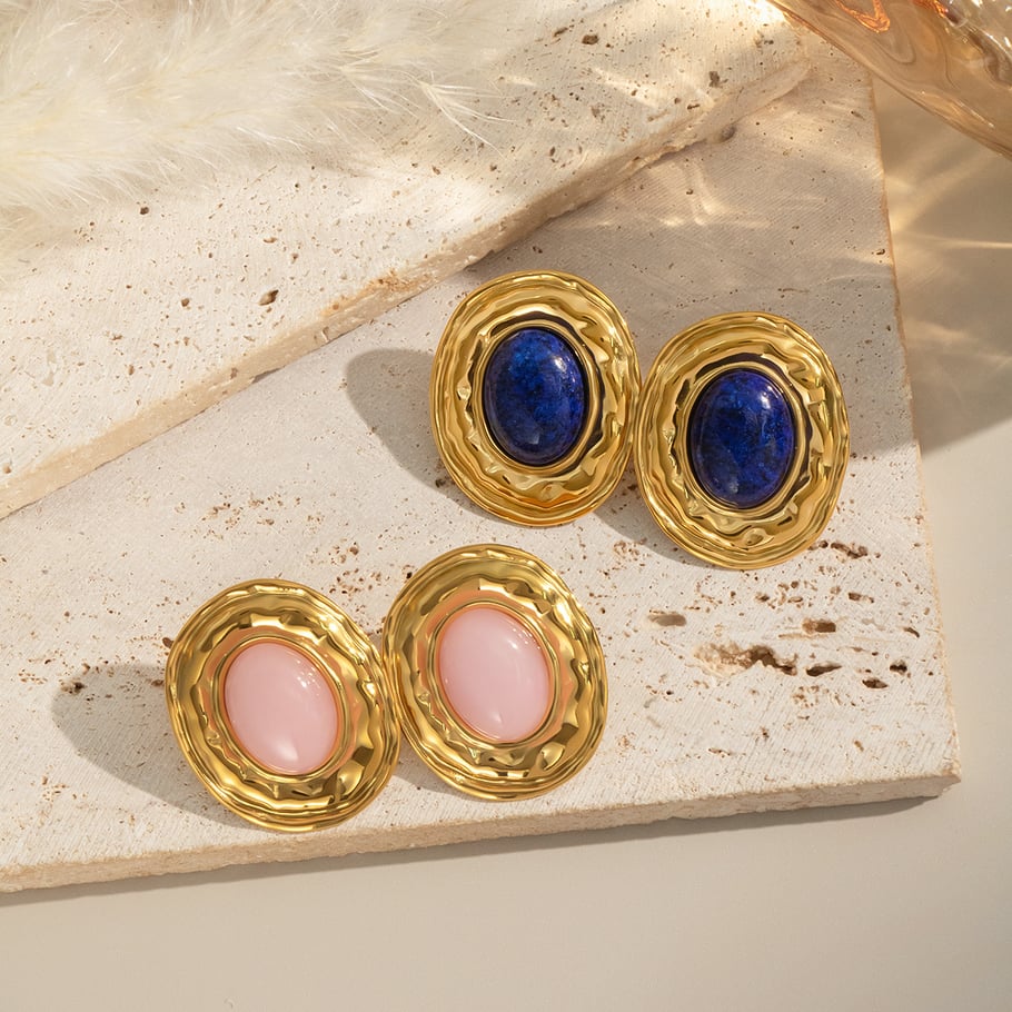 1 Pair Classic Stainless Steel Gold Color Natural Stone Stud Earrings Picture3