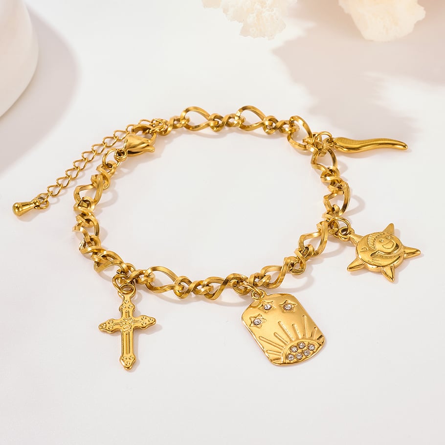 Pulseras con dijes de frutas diarias de acero inoxidable color dorado para mujer. Imagen5