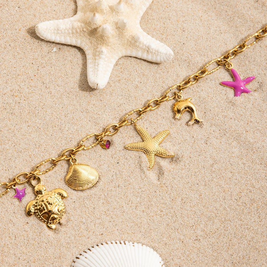 Collier avec pendentif en acier inoxydable doré pour femme, motif organisme marin, 1 pièce Image9