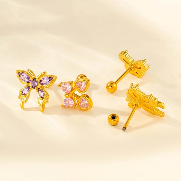 Pendientes de mariposa de acero y titanio con circonitas para mujer (1 unidad)