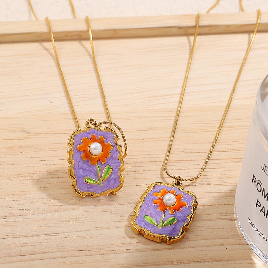 1 Piece Enamel Flower Stainless Steel Gold Color Pendant Necklace Picture2