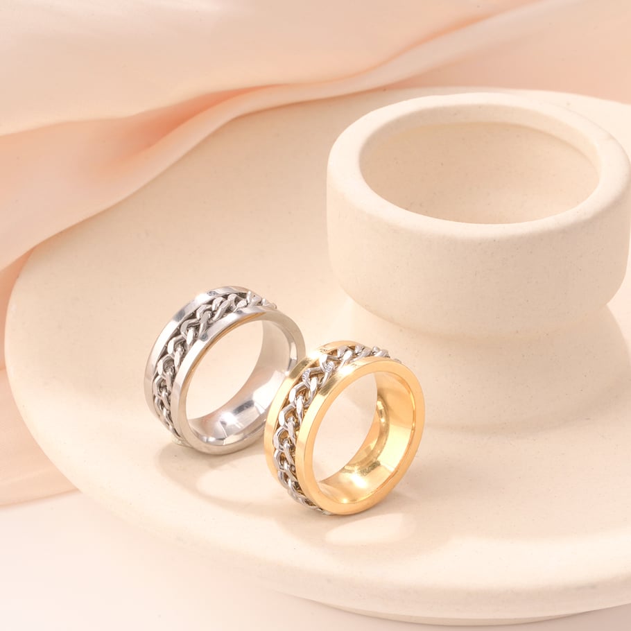 Bague de déclaration géométrique classique en acier inoxydable couleur or, série luxueuse, 1 pièce Image3