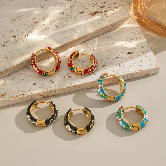 1 Pair Romantic Flower Stainless Steel Gold Color Hoop Earrings