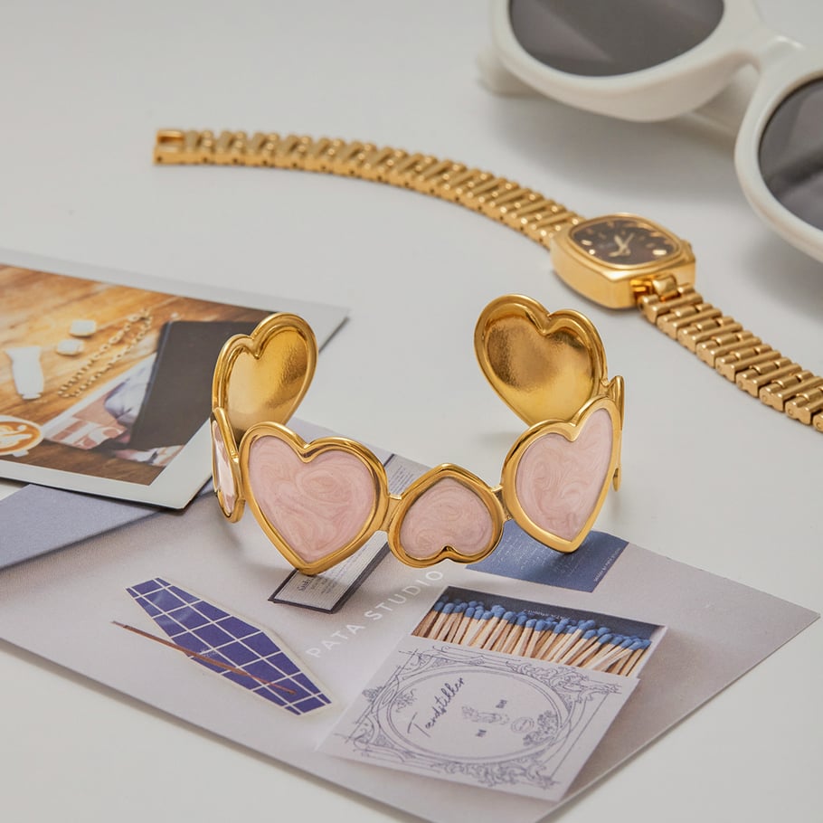 1 Piece Romantic Series Pink Heart Stainless Steel Gold Color Women's Bangles Picture6