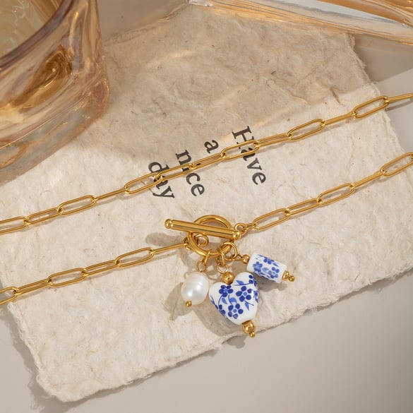 1 Piece Ceramic Flower Stainless Steel Gold Color Pendant Necklace 2