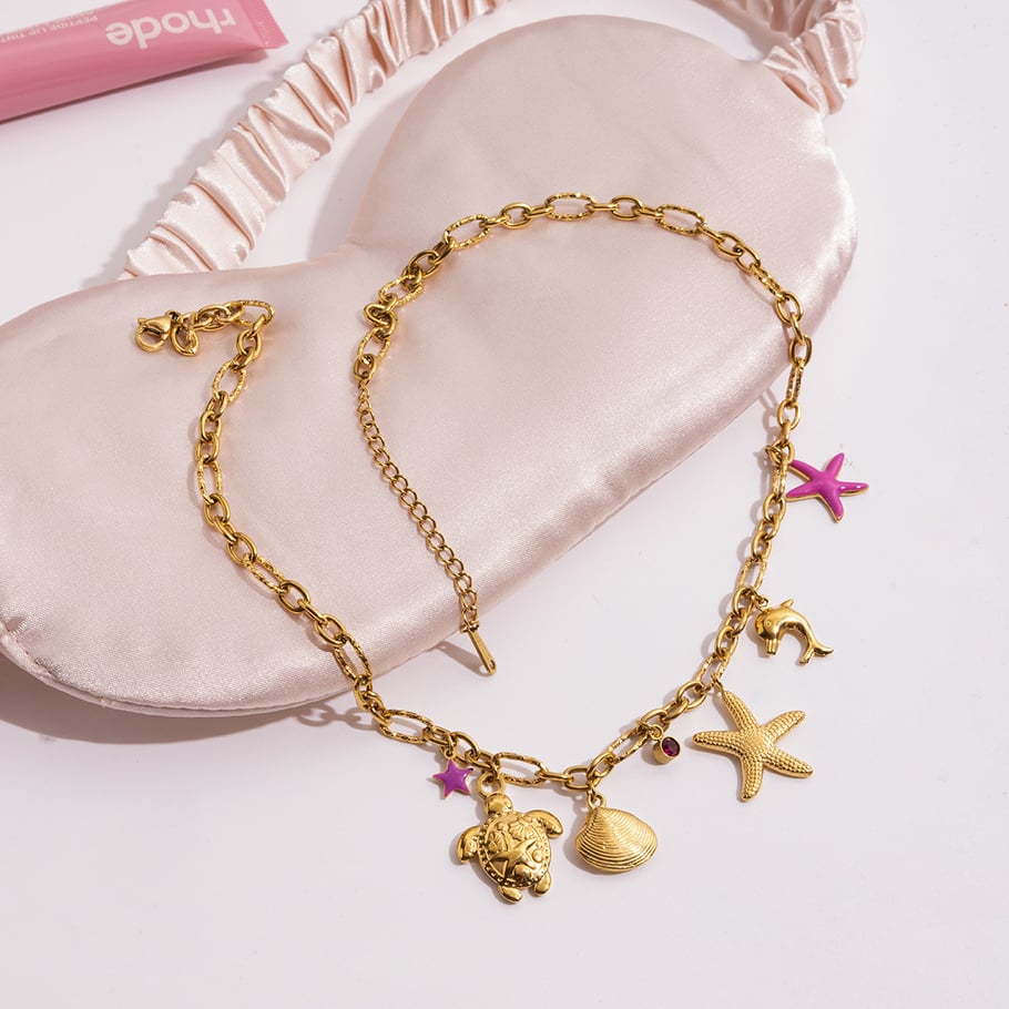 Collier avec pendentif en acier inoxydable doré pour femme, motif organisme marin, 1 pièce Image3