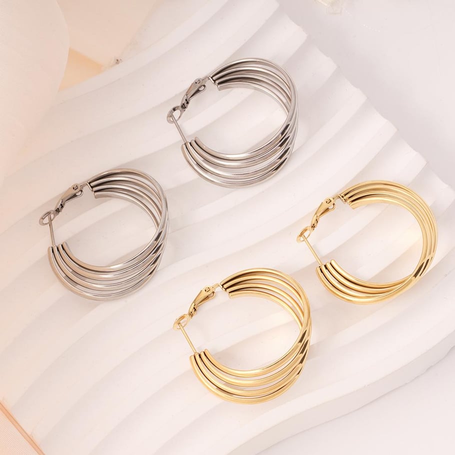1 paire de boucles d&#39;oreilles créoles classiques en acier inoxydable couleur or pour femme, série Simple Image3