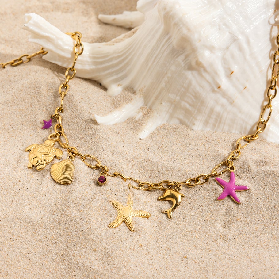 Collier avec pendentif en acier inoxydable doré pour femme, motif organisme marin, 1 pièce Image7
