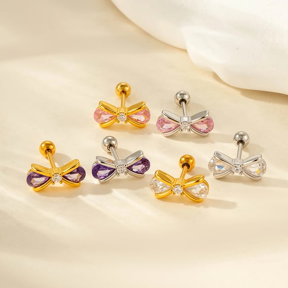 1 Piece Shinning Bow Knot Titanium Steel Zircon Women's Stud Earrings