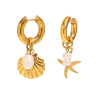Pendientes colgantes de concha, estrella de mar y perla - Oro 