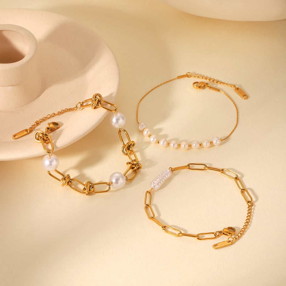 1 Paar Simple Series Daily Beads Edelstahl Goldfarben Perlen Damen Perlenarmbänder Bild6