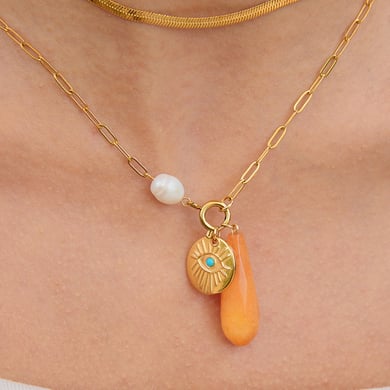 1 pezzo di collana con ciondolo da donna in acciaio inossidabile color oro con pietra naturale irregolare h5 Immagine3