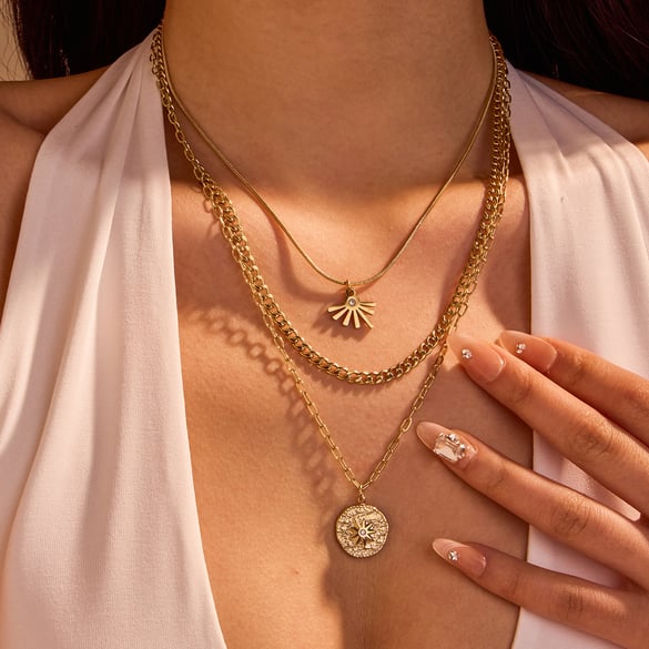Luxurious  Elegant Sun Stainless Steel Gold Color Women's Layered Necklaces 2