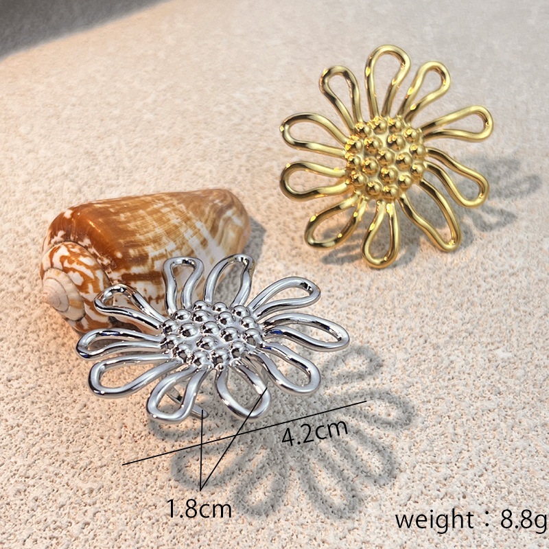 Bague de déclaration en acier inoxydable couleur or avec fleur, 1 pièce Image3