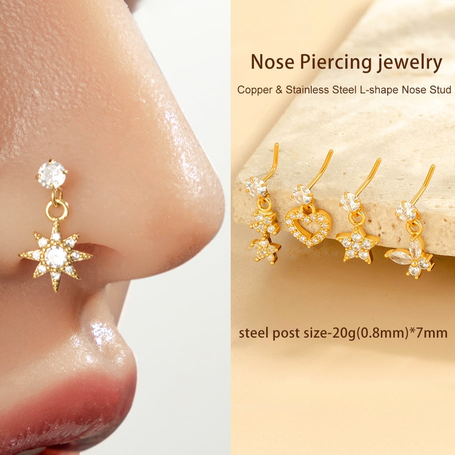 1 paire de piercings de nez pour femme en forme de cœur simple, couleur cuivre et or, zircone Image4