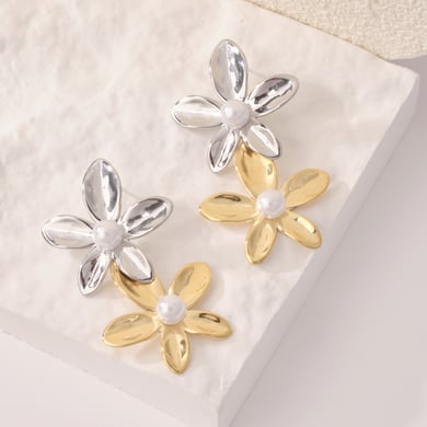 1 paire de boucles d&#39;oreilles pendantes pour femme, série luxueuse, motif fleur douce, en acier inoxydable, couleur or h5 Image5