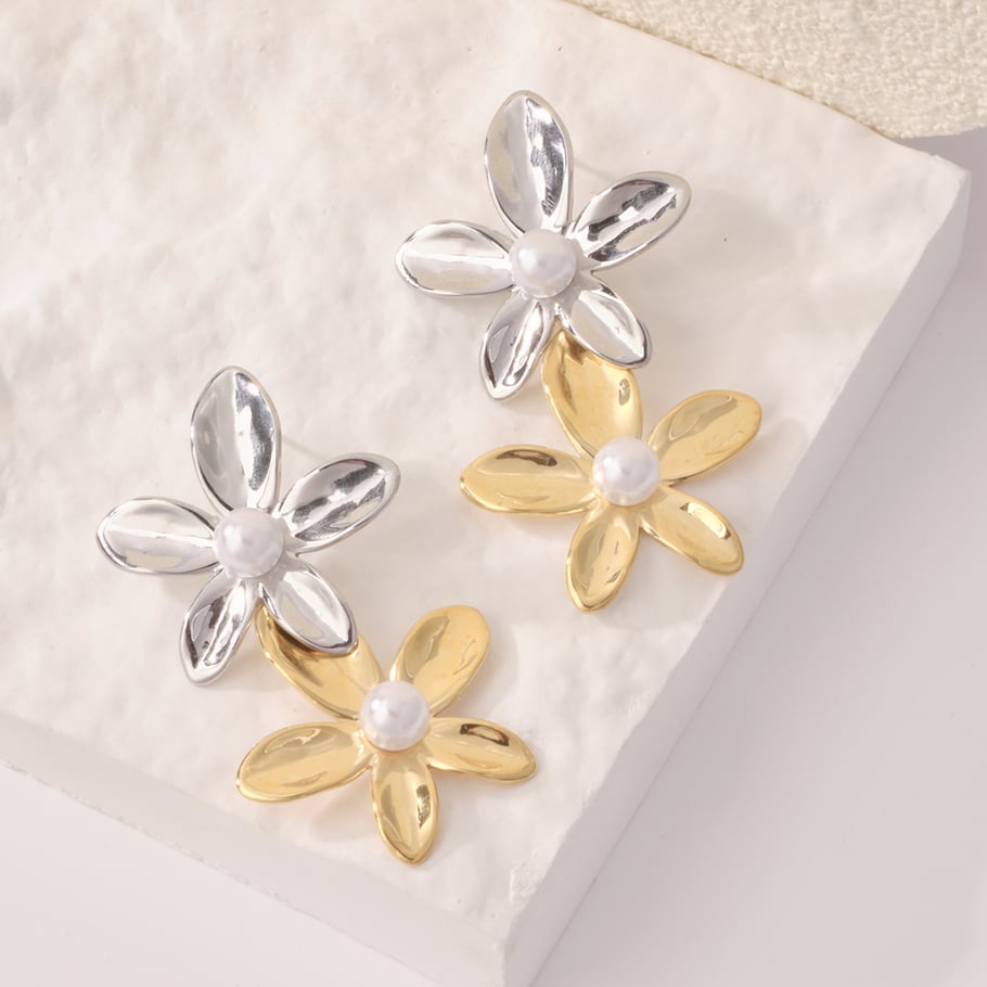 1 paire de boucles d&#39;oreilles pendantes pour femme, série luxueuse, motif fleur douce, en acier inoxydable, couleur or Image5