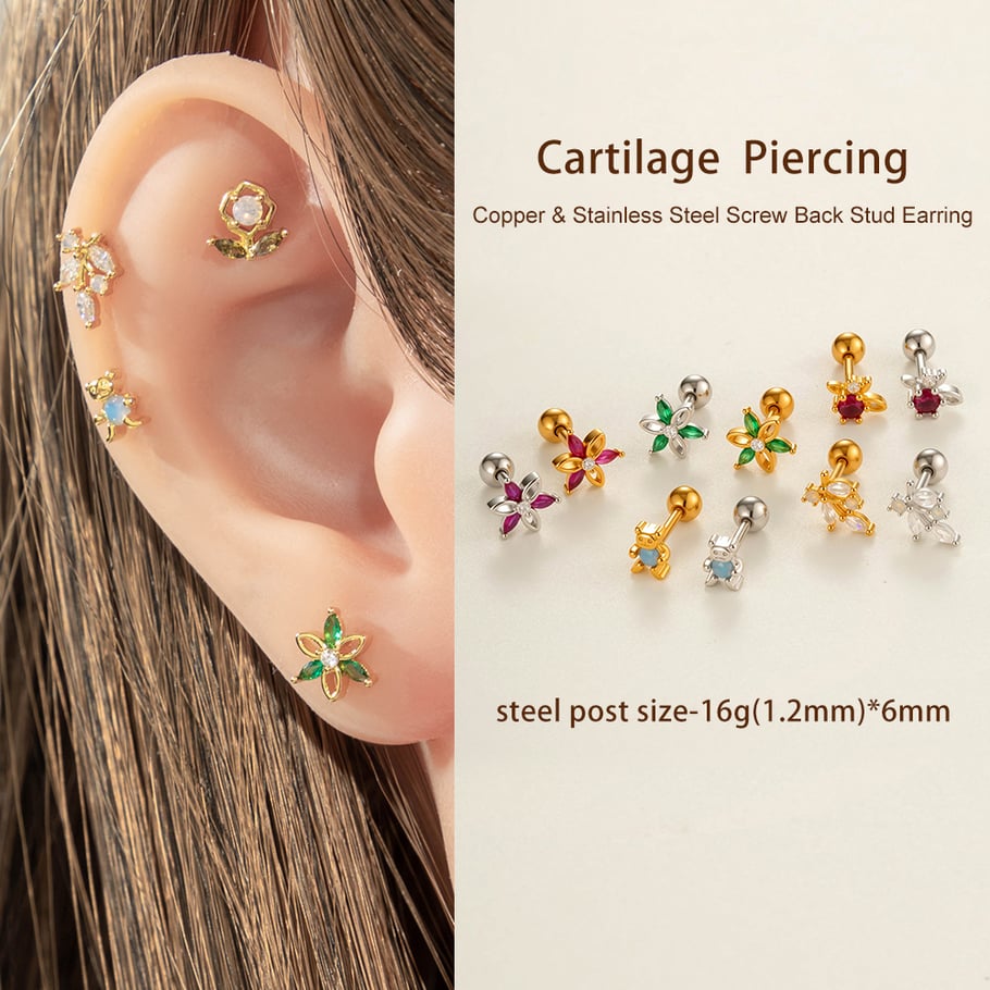 1 Piece Simple Flower Copper Gold Color Zircon Women's Piercings Earrings Picture5