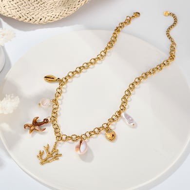 1 pezzo di collana con ciondolo da donna in acciaio inossidabile color oro con organismo oceanico h5 Immagine3