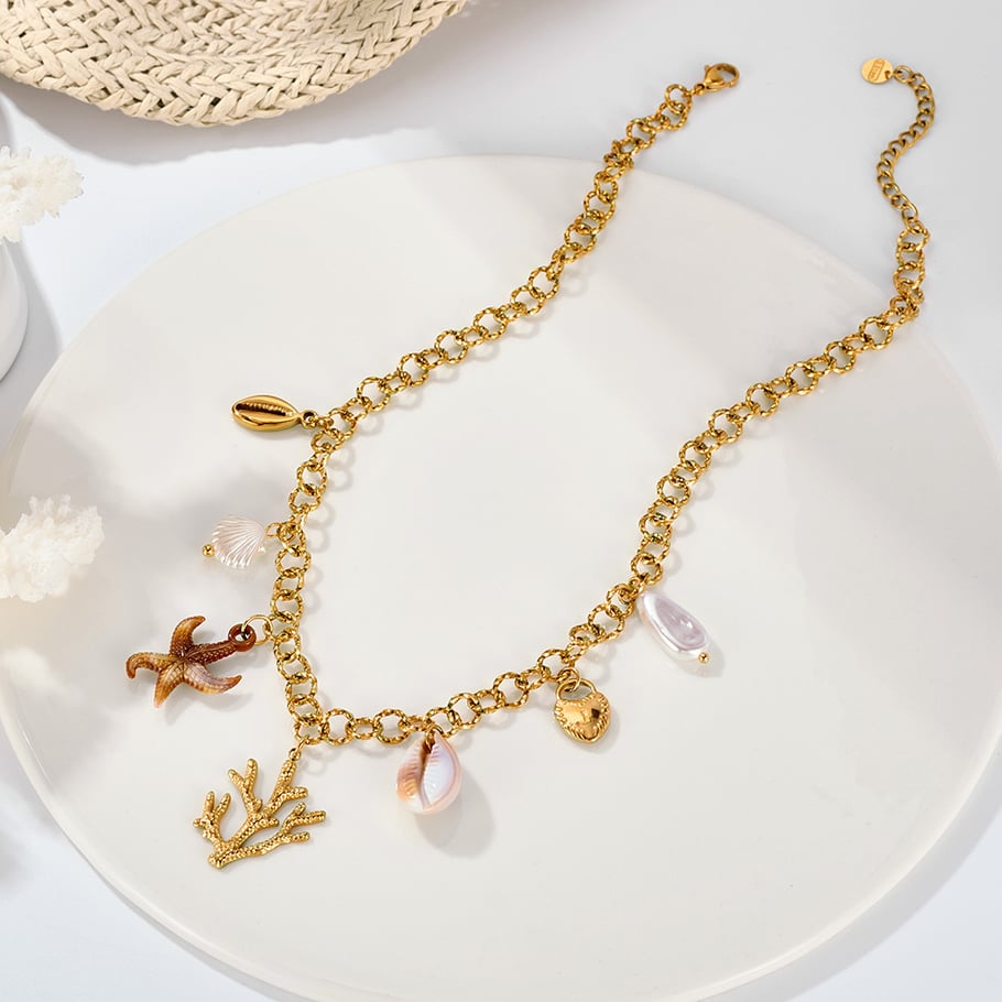 1 pezzo di collana con ciondolo da donna in acciaio inossidabile color oro con organismo oceanico Immagine3
