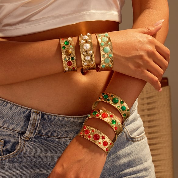 1 Piece Natural Stone Stainless Steel Gold Color Cuff Bracelet 2