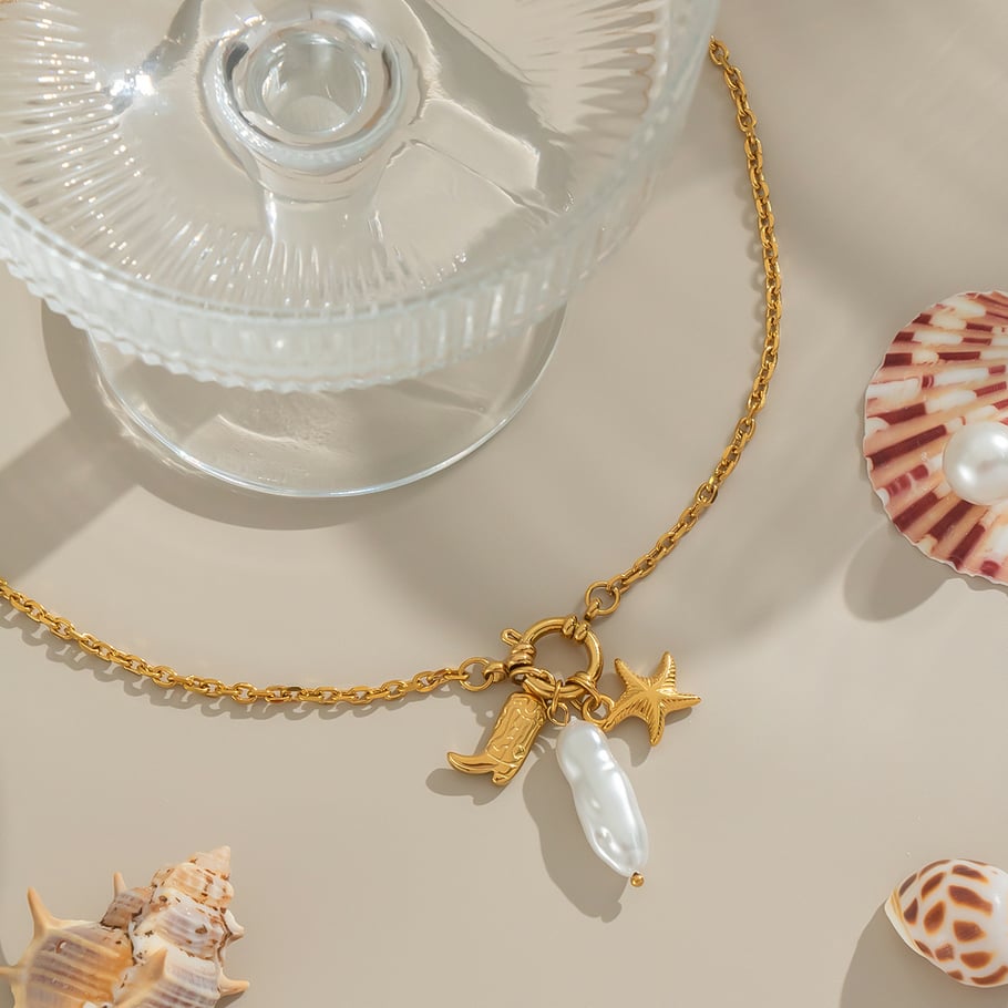 1 Piece Starfish Stainless Steel Gold Color Pearl Pendant Necklace Picture4