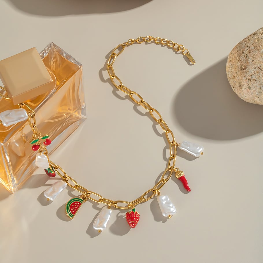 Collier avec pendentif en forme de fruit sucré en acier inoxydable couleur or, 1 pièce Image3