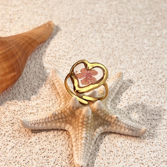1 Stück Herz Blume Edelstahl Goldfarben Ring 2