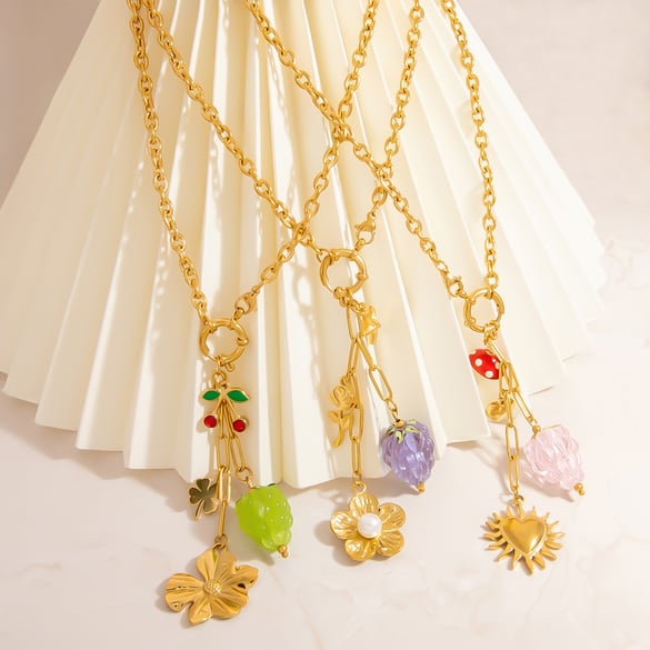 Simple Plant Stainless Steel   Gold Color  Crystal Women's Pendant Necklaces